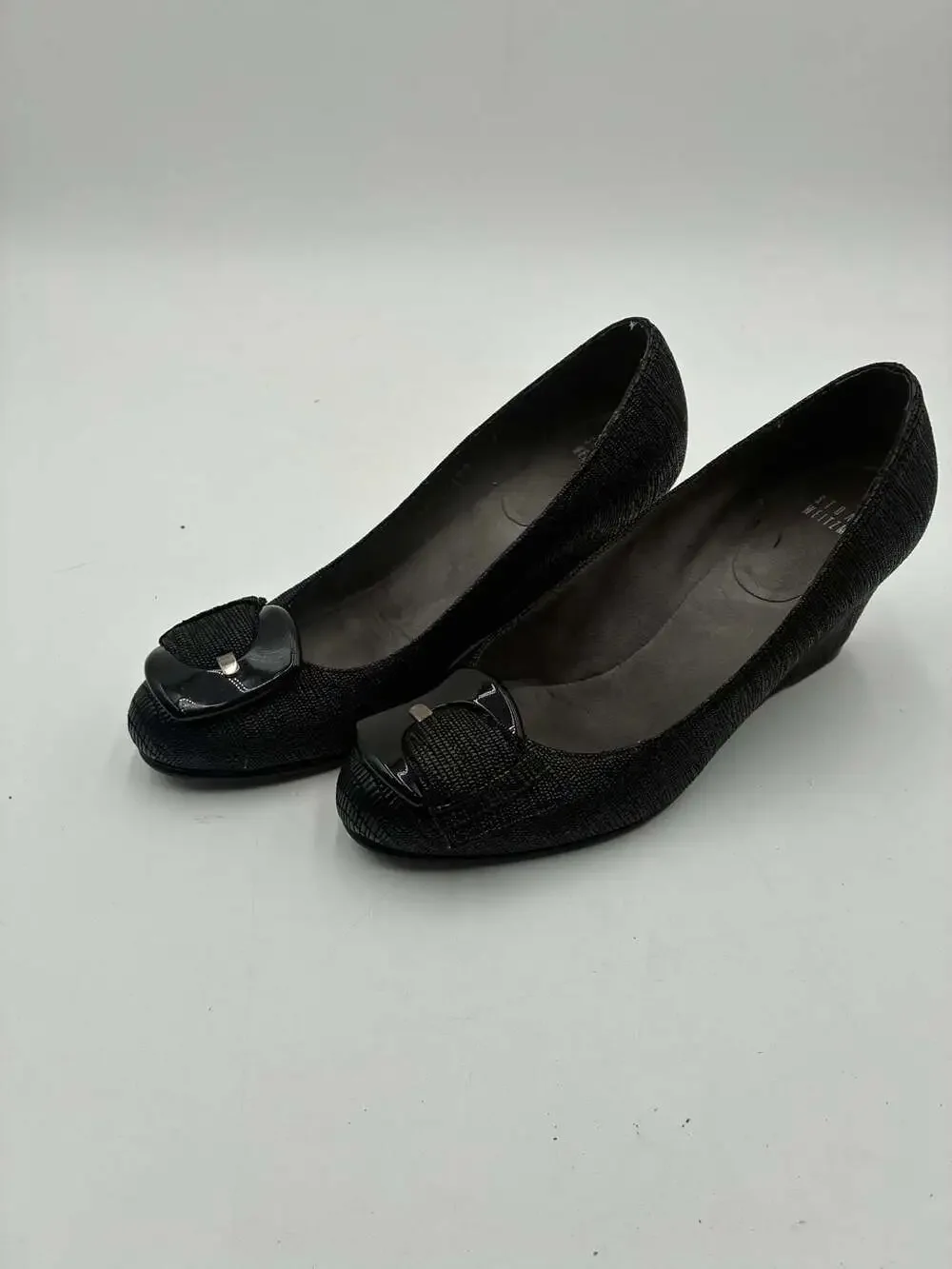 Stuart Weitzman Black Textured Wedge Pumps Size 7.5M - Picture 2 of 5